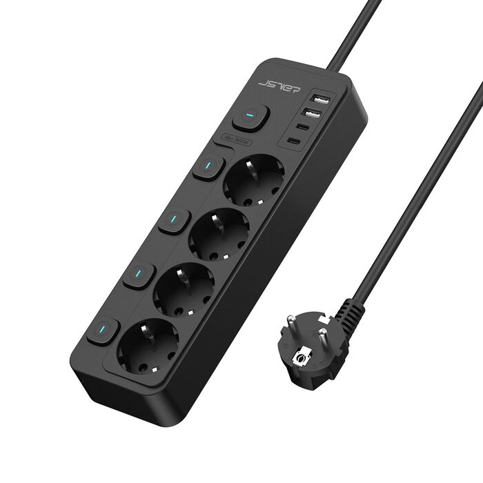 Мережевий адаптер JSVER на 5 розеток з індивідуальним вимикачем, 2 USB-A та 2 USB-C (17W), мережева стрічка з USB для столу з кабелем 2м для смартфонів, ноутбуків - білий (чорний 4-розеточний)