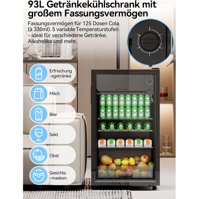 Холодильник для напоїв Devoko 93L з LED-підсвіткою RGB, регульовані полиці, для дому, офісу, вечірок та HoReCa, міні-бар, чорний