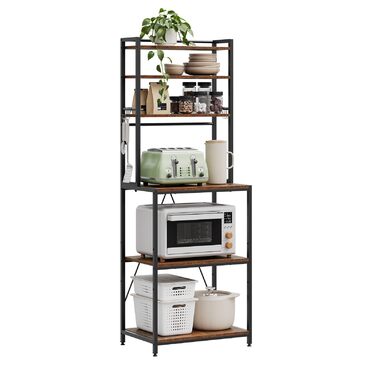Стелаж кухонний Woltu з 6 полицями, з гачками, з металу та інженерної деревини, 60 x 167 x 40 см, рустичний коричнево-чорний