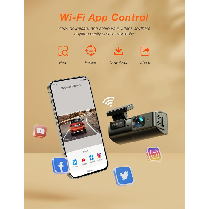 Автомобільний відеореєстратор iZEEKER 2.5K WiFi з картою 32GB: Full HD, нічна зйомка, G-сенсор, WDR