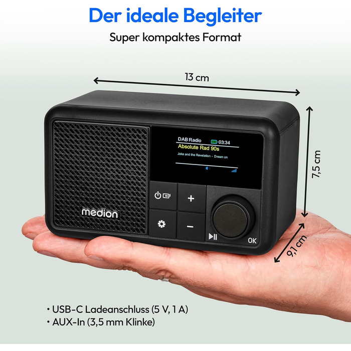 MEDION S66822 Портативне міні-радіо DAB+ з Bluetooth, акумулятор до 6,5 годин, дисплей, телескопічна антена, таймер сну, будильник, AUX, USB-C, зелений (чорний)