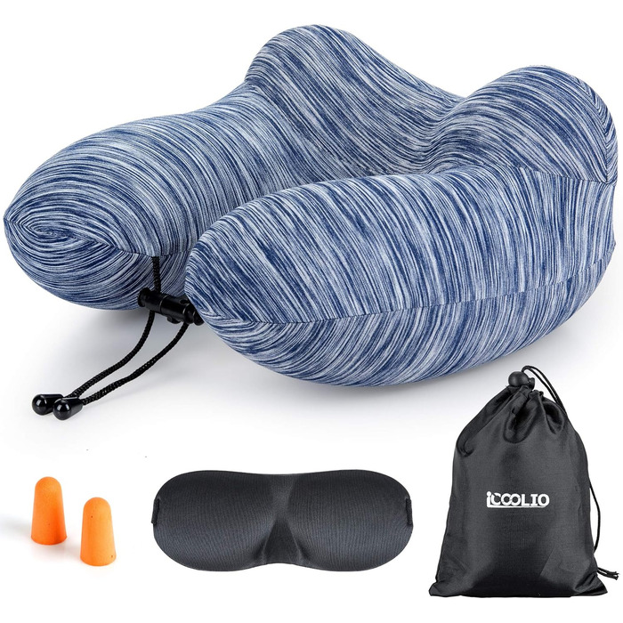 Подушка для шиї у подорожах: надувна, для автомобіля та літака, з маскою для сну, блакитна