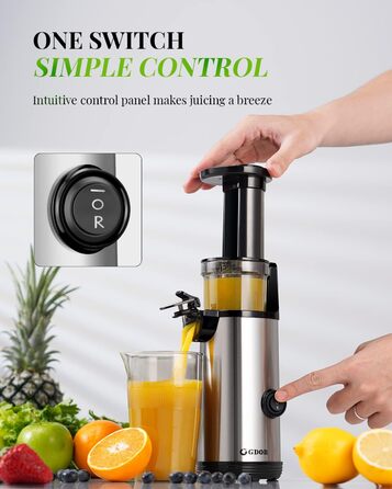GDOR Compact Juicer - Powerful Juicer, Slow Juicer, Easy-to-Clean Juicer Machine, Quiet Juicer for Fruits and Vegetables, 600 ml, High Juice Yield, Includes Brush, BPA-Free Silver