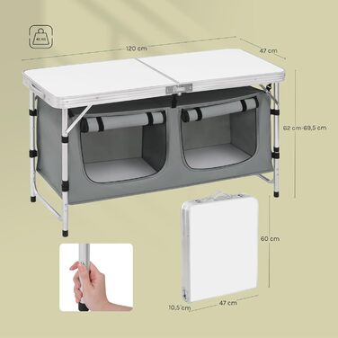 Складний алюмінієвий кемпінговий стіл WOLTU з регульованою висотою та полицями для зберігання, білий+сірий - для пікніка, пляжу, саду