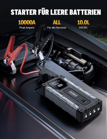 Бустер для автомобіля SHARMEAL 10000A: Потужний пусковий пристрій (Jump Starter) 12V для бензинових та дизельних двигунів до 10.0 л, з LCD-дисплеєм та LED-ліхтарем
