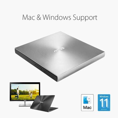 Зовнішній ультратонкий DVD-записувач Asus ZenDrive U9M USB-C/USB-A, сріблястий (для Apple та Windows, з кабелями та ПЗ)