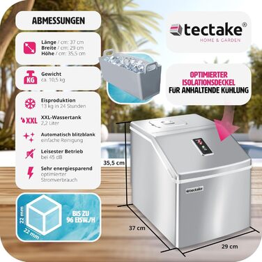 TecTake Professional Ice Cube Machine, Ice Cube Maker for Clear Ice Cubes, Ice Cube Maker, 13 Kg 24 h, 2.2 Liter Water Tank, 24 Ice Cubes per Cycle, incl. Ice Bucket and Ice Scoop - Silver