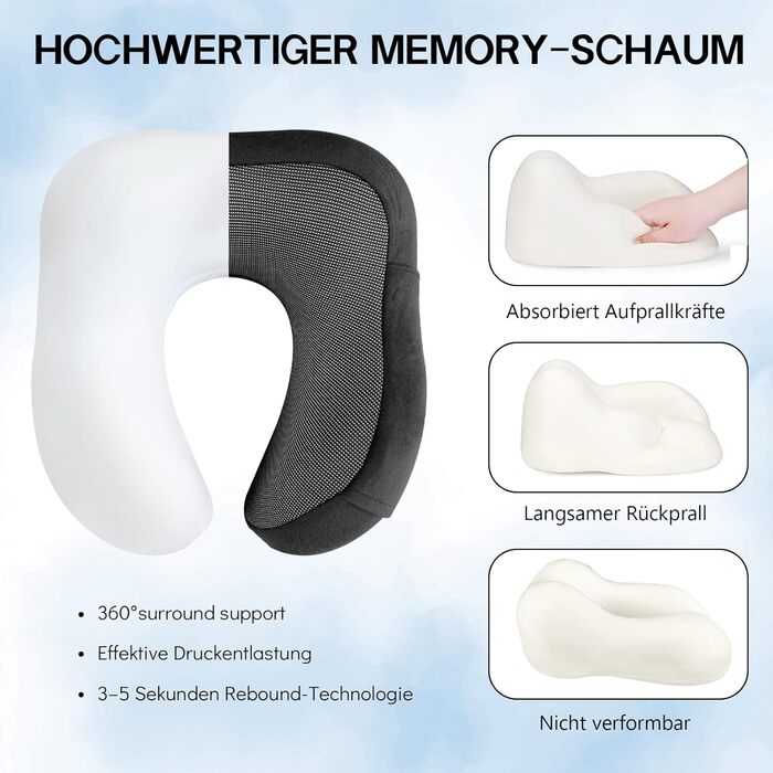 Подушка для шиї у літак CNMTCCO, регульована, з піною Memory Foam, ергономічна, з навушниками, маскою для очей, сумкою, для подорожей (літак, авто), чорна