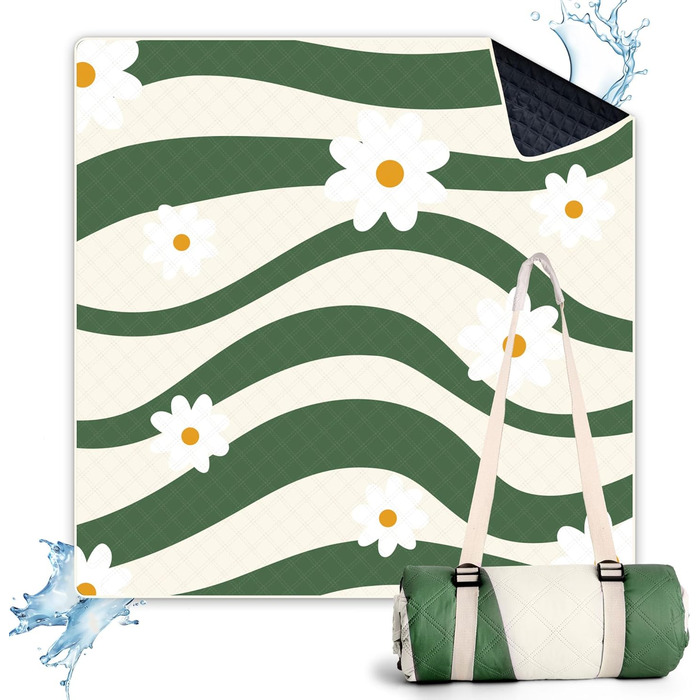 LARUTAN Beach Blanket, Waterproof, Machine Washable, Portable Picnic Blanket with Shoulder Strap - for Beach Days & Picnics Versailles Daisy 200 x 200 cm