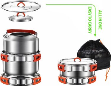 Набір посуду для кемпінгу з нержавіючої сталі 304, 1-2 особи. Посуд для туризму, похідний набір з каструлею, сковородою з антипригарним покриттям та чайником у сітчастій сумці