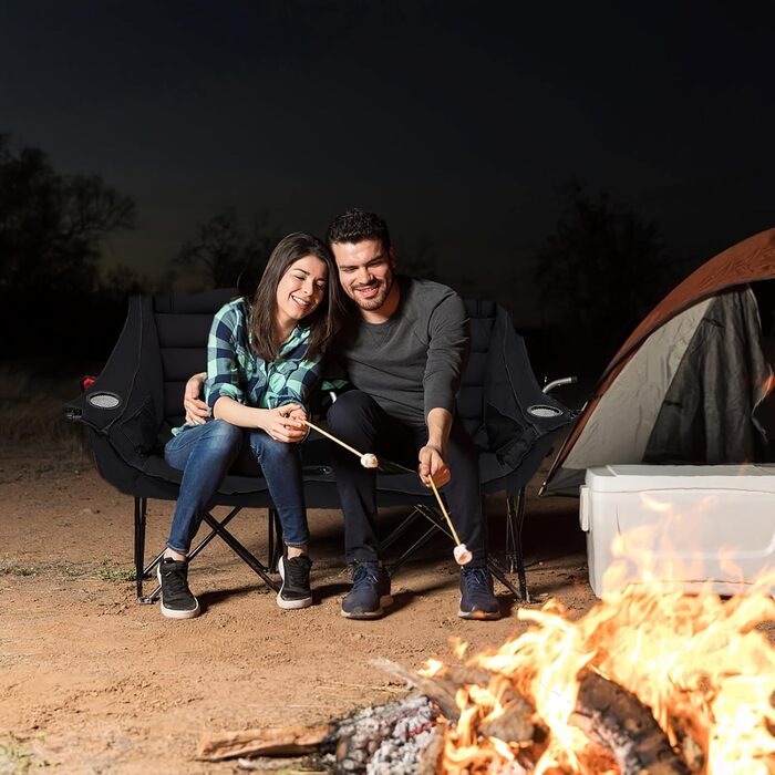 Кампанінг стілець подвійний великий з підлокітниками та підсклянником, складаний для 2 осіб, чорний - для кемпінгу та відпочинку на природі