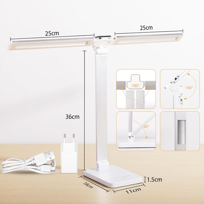 LED-лампа настільна з бездротовою зарядкою та годинником - настільна лампа з регулюванням яскравості, USB-порт, 3 режими, білий колір (Mt862-eu-white)