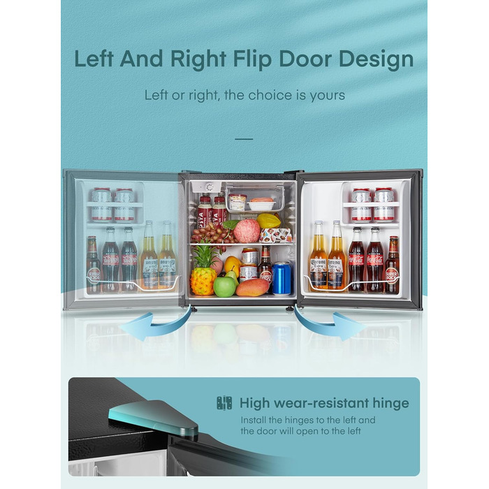 Міні холодильник 46 л з відділенням для льоду, тиха робота 42 дБ, регулювання температури, для кухні, офісу, спальні, готелів та маленьких квартир (колір нержавіюї сталі)