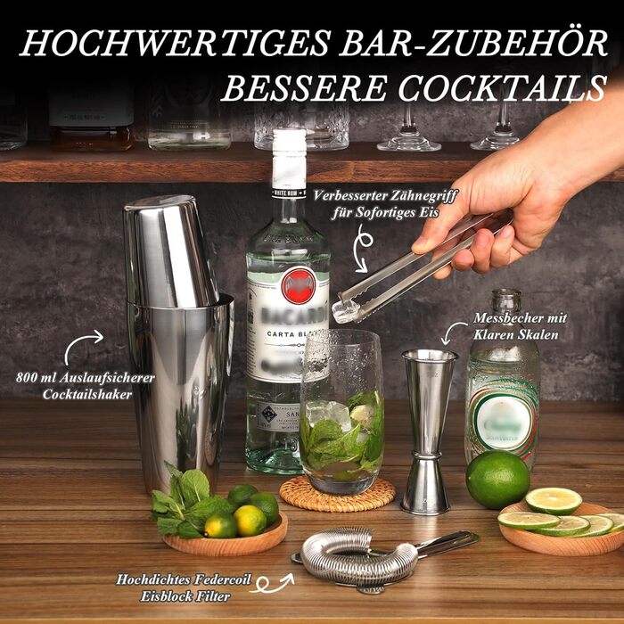 Набір для коктейлів Boston Cocktail Shaker Set 825 мл з підставкою, нержавіюча сталь, професійний барний аксесуар, набір бармена з рецептами, ідеальний подарунок (сріблястий)