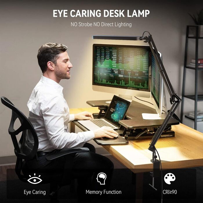 SKYLEO LED Desk Lamp with Adjustable Gooseneck - 80cm Height, 5 Color Modes, 11 Brightness Levels, Timer & Memory Function, 12W, Black - Clamp-On Design