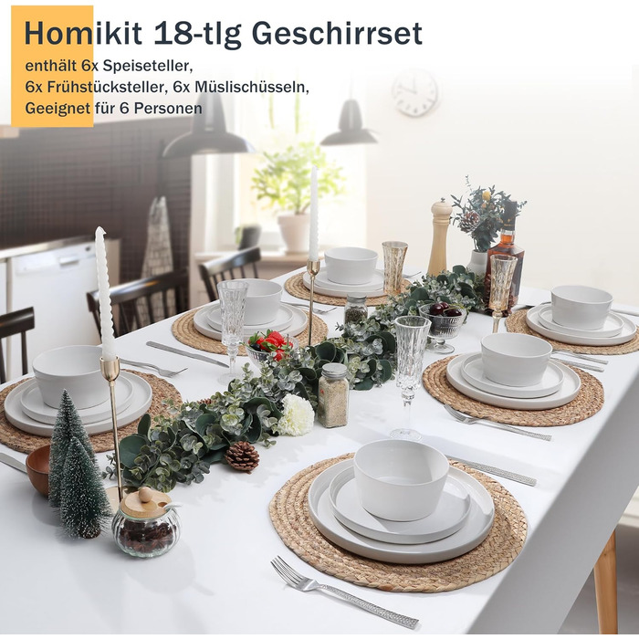 Набір посуду Homikit на 6 осіб: тарілки, миски, десертні тарілки, тарілки для їжі, з реактивною глазур’ю, кераміка, безпечний у мікрохвильовці та посудомийній машині, білий, 18 шт.