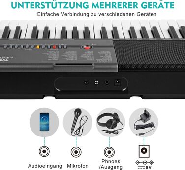 MUSTAR 61-клавішна клавіатура-піаніно для початківців, цифрова клавіатура з підсвічуванням, динаміками, стійкою, табуретом, навушниками, мікрофоном, підставкою для нот, 300 звуків та уроками гри, чорний колір