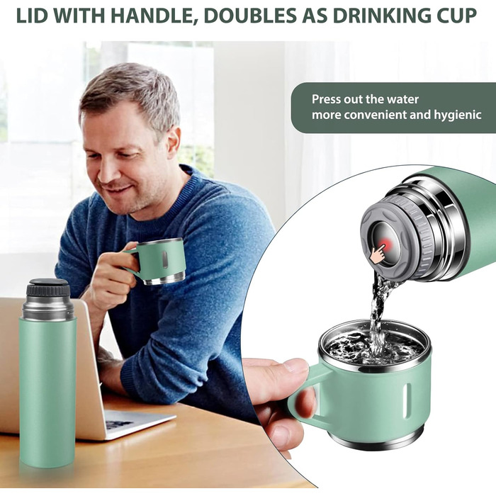 Stainless Steel Thermos Flask with Cup and Handle - 500ml Insulated Travel Mug - Leakproof, Double-Walled, Vacuum-Sealed - Keeps Hot/Cold for 12 Hours - for Kids, Sports, Outdoors (Black, Green)