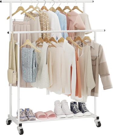 Підвісна штанга для одягу Calmootey з подвійною перекладиною, мобільна, для спальні, вітальні, магазину одягу, біла