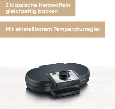 Severin WA 2106 Heart-Shaped Waffle Maker - Anti-Stick Coating, Slim Design, 1200W - Black