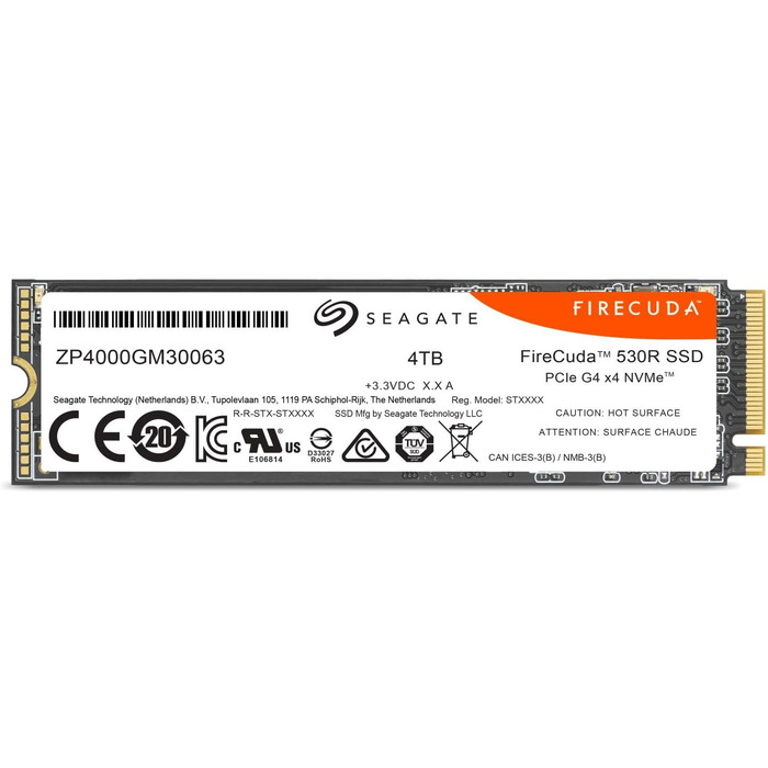 SSD Seagate FireCuda 530R 4TB NVMe PCIe Gen4 x4 для PS5/PC - 7400 МБ/с, 3D TLC NAND, 5.050TBW, Data Rescue Service