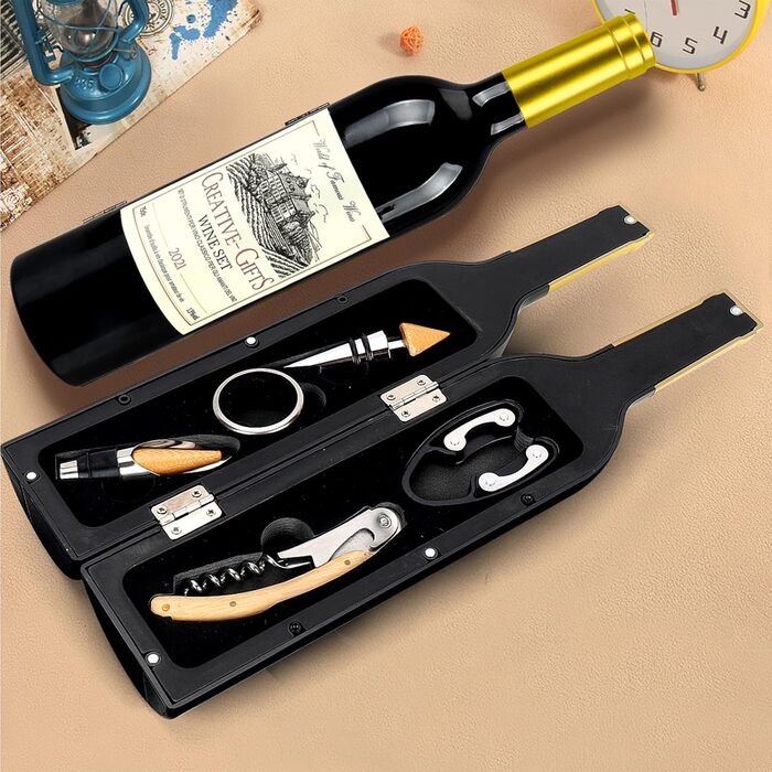 Набір з 5 викруток для вина з форми, аксесуари для вина, подарунковий набір, викрутки сомельє з відкривачем, кришки для пляшок (Золота пляшка 001)