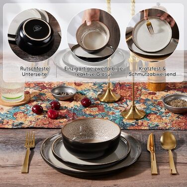 Набір посуду HaWare на 6 осіб, 18 предметів: тарілки, десертні тарілки, миски. З реактивною глазур’ю, стійкий до миття в посудомийній машині та використання в мікрохвильовій печі, бежевий колір.