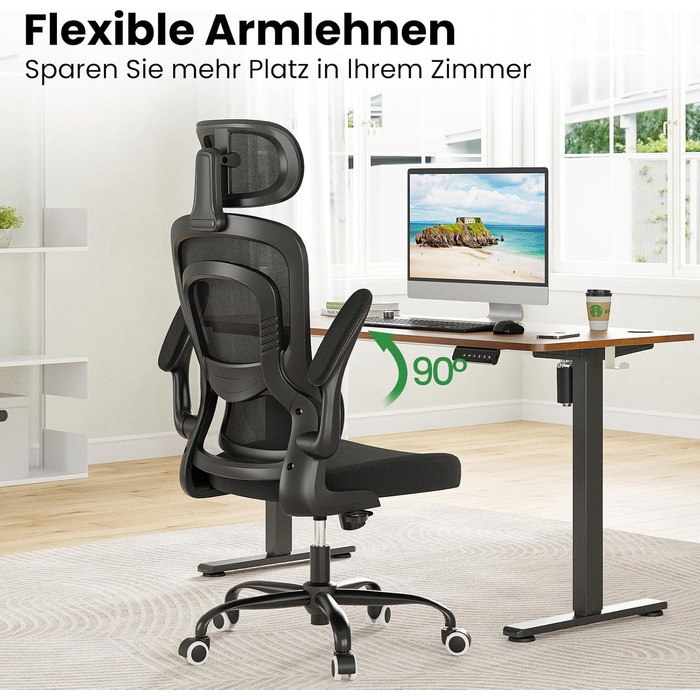 Ергономічне крісло для офісу Farini: регульована підголовник, з підлокітниками, для роботи та геймінгу, чорний колір