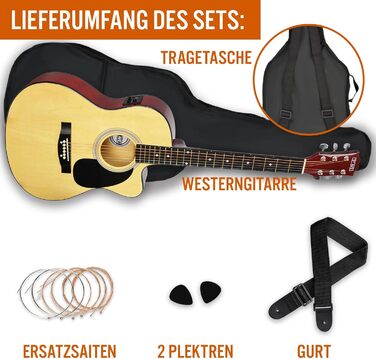 3rd Avenue 4/4 Вестерн-гітара (набір) з вирізом, для початківців – 6 місяців безкоштовних уроків, чохол, ремінь, медіатори та запасні струни – натуральний колір, електроакустична