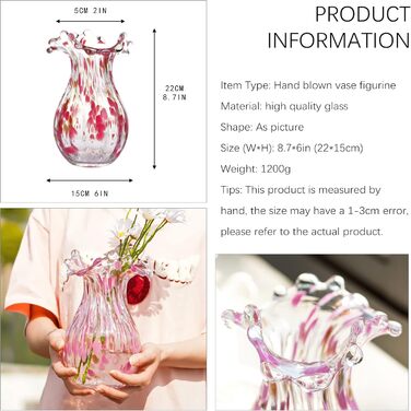 Скляна ваза ручної роботи, сучасне мистецтво, ваза для квітів з рожевими пелюстками, декоративна для дому, 22 см, для вітальні, їдальні, декору столу, ефектний акцент, для офісу
