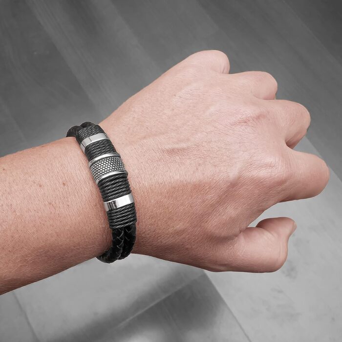 Чоловічий шкіряний браслет UNIQAL 'Premium Style' з нержавіючої сталі, сріблястого кольору, 23 см | Безкоштовна подарункова коробка