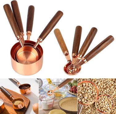 Measuring cups and spoons with wooden handles, 8-piece set, coffee bartender scale, kitchen accessories (Rose Gold)