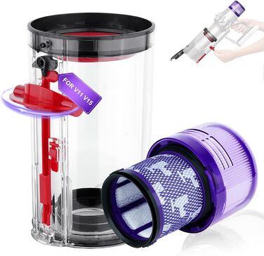 Dyson V11/V15/SV14/SV15/SV22 Replacement Dust Bin & HEPA Filter - Compatible with Dyson Vacuum Cleaners (970050-01/965443-01)