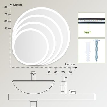 LED дзеркало для ванної кімнати з підсвічуванням Round - регульоване з 3 кольорами світла (3500K-6500K), сенсорний вимикач, запобігає запотіванню - дзеркало для ванної кімнати з підсвічуванням для макіяжу та гоління (70см)