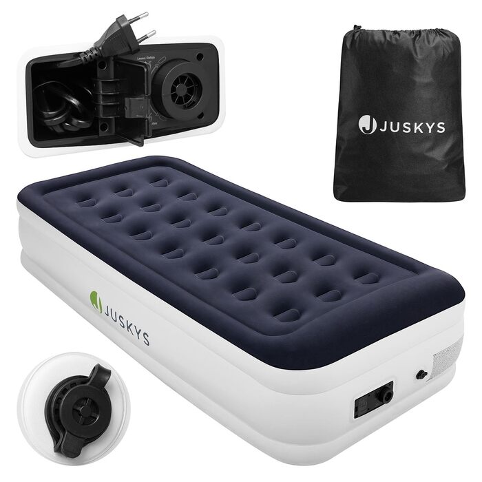 Надувний матрац Juskys самонадувний 90x190 см для кемпінгу та гостей - водонепроникний, синьо-білий, односпальний з вбудованим насосом