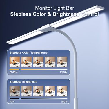 LED лампа настільна з регулюванням яскравості - 1500LM 24W, кріплення на прищіпці, з пультом дистанційного керування, 80см гнушкий шийка, USB-порт для зарядки, для офісу та дому (біле світло)