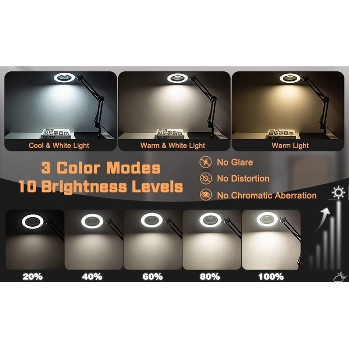 Лупа Jubor 2-в-1 з підсвічуванням та підставкою, 15x/10x, LED, з кріпленням та основою, настільна лампа, 3 режими, регулювання яскравості, для хобі, ремонту, DIY, чорна