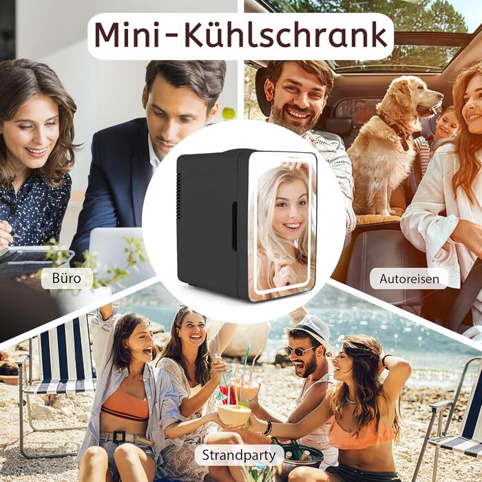 Міні-холодильник 6л - 12V/230V, тихий, з дзеркалом та LED-підсвіткою. Холодильник для косметики та догляду, ідеальний для авто (чорний)