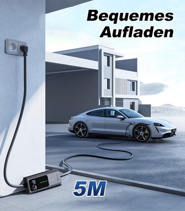 Кабель для зарядки електромобіля Type 2, 3.6 кВт / 5 м, 6A-16A, портативний зарядний пристрій для електрокар, сумісний з EU-Schuko (3.68 кВт)