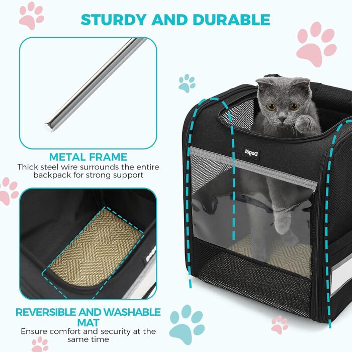 Рюкзак для кота/собаки, чорний, складаний, з сіткою, з внутрішнім шнуром безпеки, до 8 кг