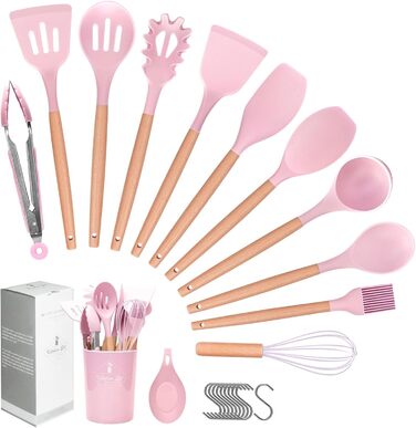 Набір кухонних аксесуарів Howephofly: 23 штуки з силікону, антипригарні, з дерев'яними ручками, включає гачки, рожевий колір