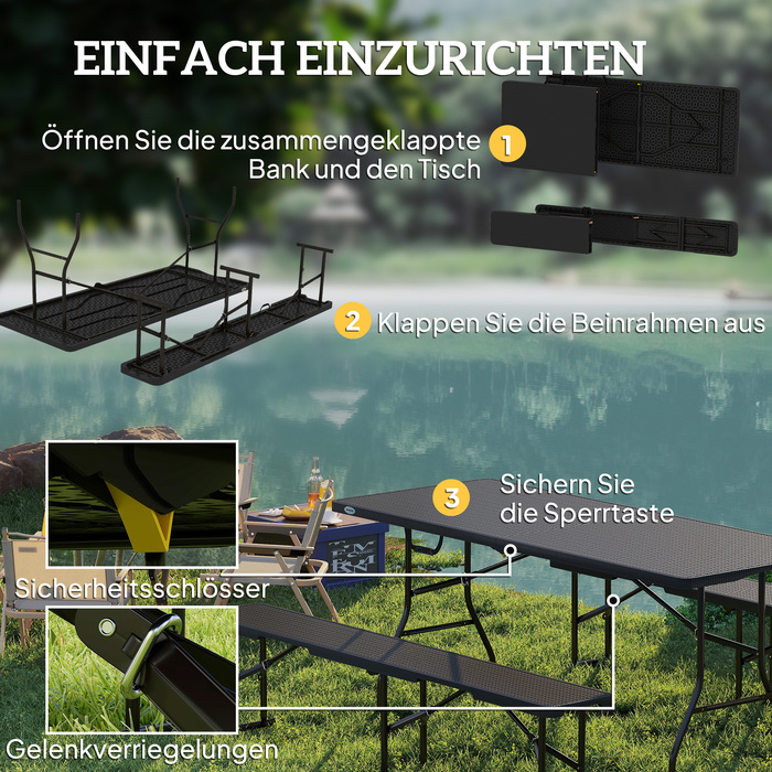 Outsunny 3-Piece Picnic Table and Bench Set, Folding, Plastic & Metal, Black