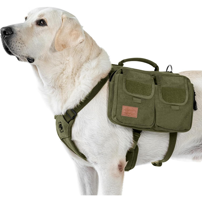 Шлейка для собак OneTigris з рюкзаком, Hoppy Caper 3.0, для піших прогулянок та походів, для середніх/великих собак, рюкзак на спину з 2 основними та 4 додатковими кишенями - Зелений (L, Зелений)