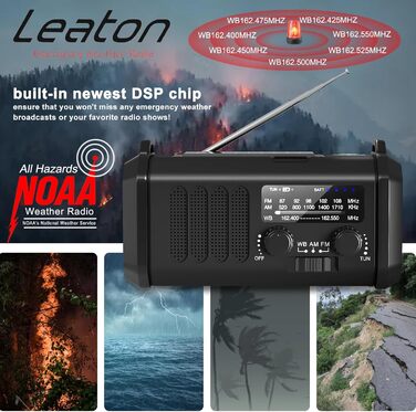 Радіостанція Leaton з ручним заводом, NOAA, AM/FM, 20000 mAh | Сонячна Power Bank, USB-C, ліхтарик, SOS-сигнал для кемпінгу та надзвичайних ситуацій (Чорний)