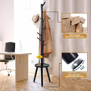 Yawinhe Coat Rack, Solid Wood Clothes Rack, Tree-Shaped Coat Stand with Anti-Slip Pad and Side Table, 8 Hooks, 3 Adjustable Heights, 182cm Height, for Entrances, Living Rooms, Black