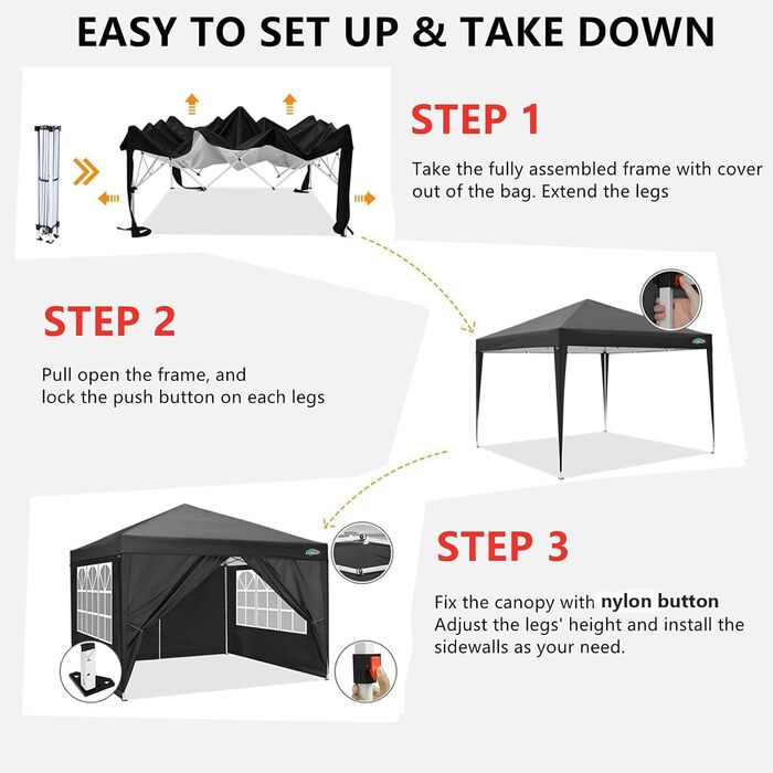 COBIZI Gazebo 3x3 Waterproof, Stable, Winter-Proof Party Tent 3x3 with 4 Side Walls, Pop-Up Folding Gazebo, UV Protection 50+, Garden Gazebo with Handbag, 8x Pegs and 4x Wind Rope, Black