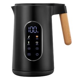 Електричний чайник VORSCH з нержавіючої сталі, 1,7 л, 2200 Вт, регулювання температури, підтримання тепла, захист від сухого кипіння, LCD-дисплей, поворотна база 360°, подвійні стінки, BPA-free, чорний з дерев'яною ручкою