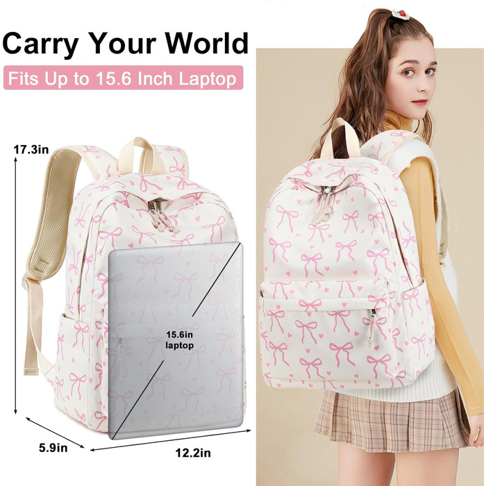 Шкільний рюкзак LOIDOU для дівчаток та хлопчиків підліткового віку. Легкий, водонепроникний, для школи, подорожей, коледжу. Колір: коричнево-білий у клітинку (рожева зав'язка).