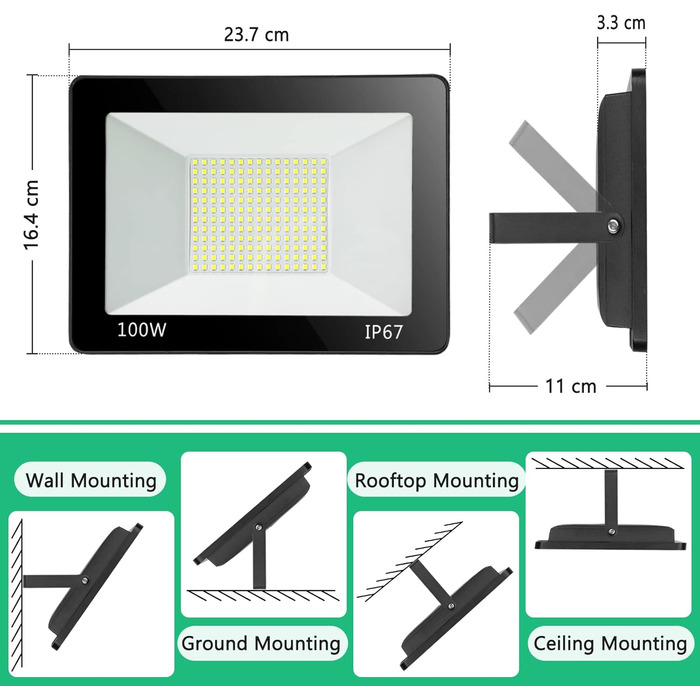 YIQIBRO 100W LED Floodlight Outdoor, IP67 Waterproof Floodlight, 10000LM 6500K Cool White Super Bright LED Spotlight Outdoor Floodlight for Warehouse, Garden, Garage, Yard, Parking Lot