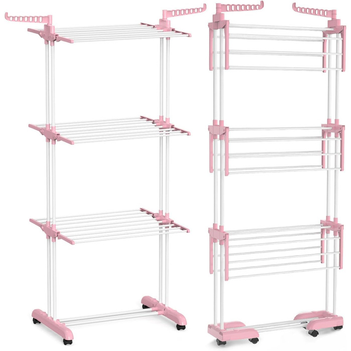 Foldable Stainless Steel Clothes Drying Rack with Wheels, Portable, for Indoor and Outdoor Use, White/Gray (Blue+White)